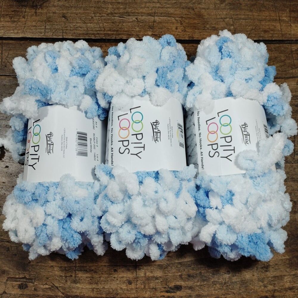 Three Yarn Big Twist Loopity Loops Skeins New Blue White Soft Hand Knitting